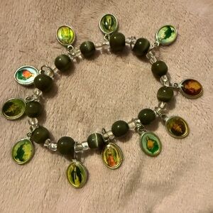 Olive Green Bead Charm Bracelet with Religious Medallions